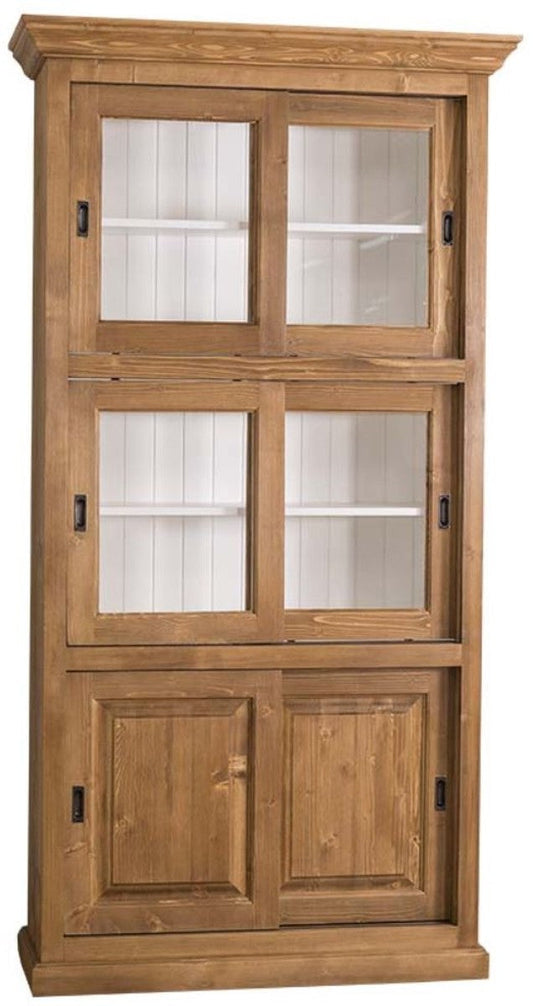 Landhausstil Bücherschrank Braun / Weiß 110 x 40 x H. 210 cm - Wohnzimmerschrank mit 6 Schiebetüren