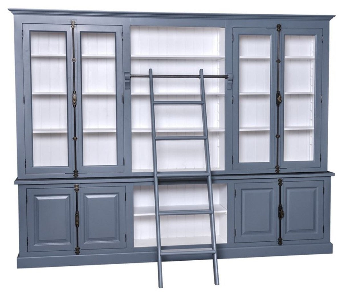 Landhausstil Bücherschrank mit Leiter Blau / Weiß 300 x 50 x H. 230 cm - Landhausstil Möbel