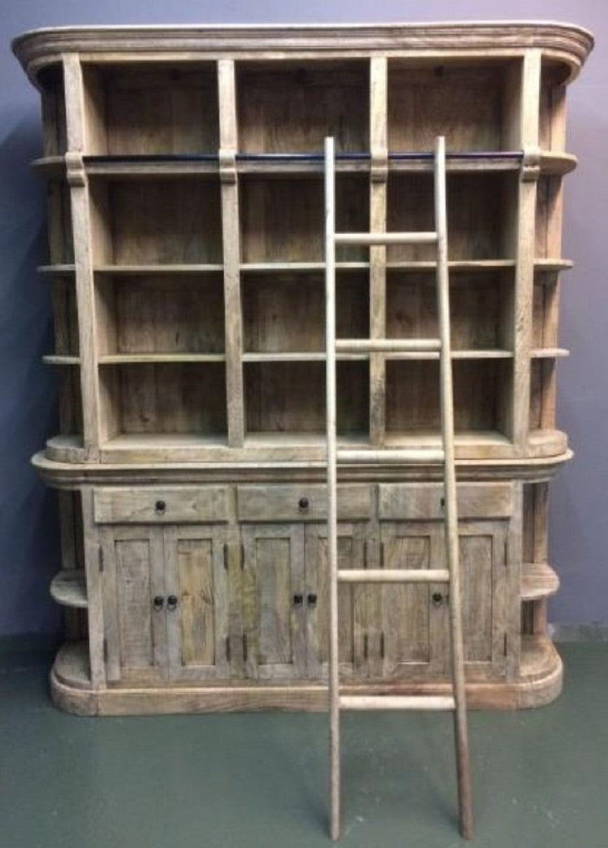 Landhausstil Bücherschrank mit Leiter Naturfarben 200 x 42 x H. 230 cm - Massivholz Schrank - Regalschrank - Wohnzimmerschrank - Büroschrank - Landhausstil Möbel