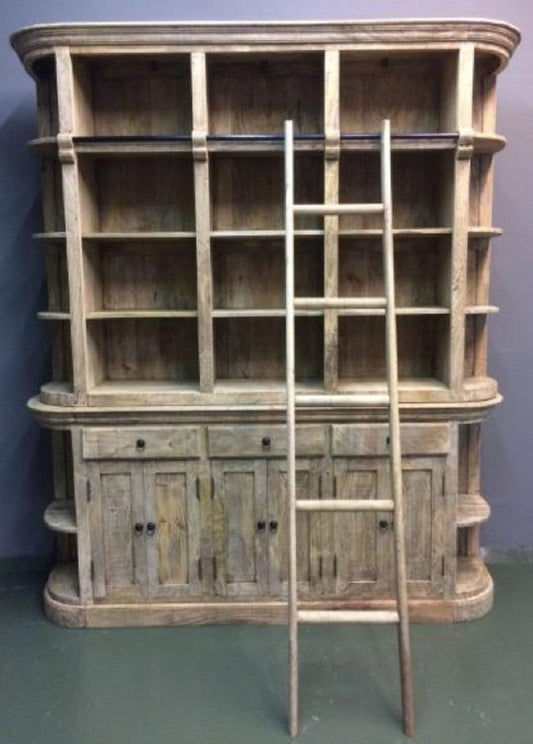 Landhausstil Bücherschrank mit Leiter Naturfarben 200 x 42 x H. 230 cm - Massivholz Schrank - Regalschrank - Wohnzimmerschrank - Büroschrank - Landhausstil Möbel