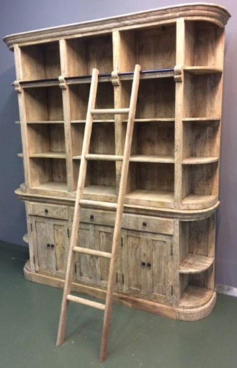 Landhausstil Bücherschrank mit Leiter Naturfarben 200 x 42 x H. 230 cm - Massivholz Schrank - Regalschrank - Wohnzimmerschrank - Büroschrank - Landhausstil Möbel