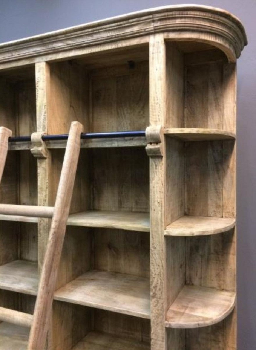 Landhausstil Bücherschrank mit Leiter Naturfarben 200 x 42 x H. 230 cm - Massivholz Schrank - Regalschrank - Wohnzimmerschrank - Büroschrank - Landhausstil Möbel