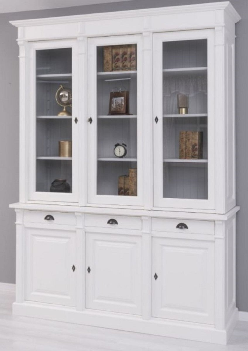 Landhausstil Bücherschrank Weiß / Grau 183 x 51 x H. 240 cm - Massivholz Schrank - Regalschrank - Wohnzimmerschrank - Büroschrank - Landhausstil Möbel