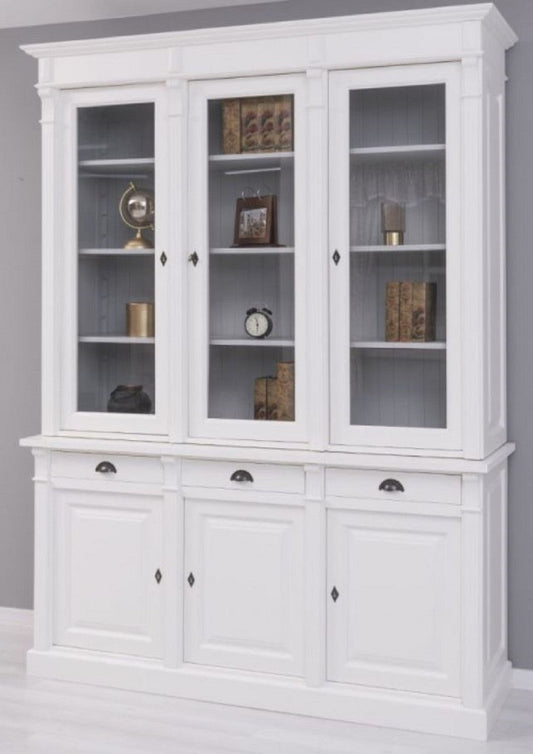 Landhausstil Bücherschrank Weiß / Grau 183 x 51 x H. 240 cm - Massivholz Schrank - Regalschrank - Wohnzimmerschrank - Büroschrank - Landhausstil Möbel