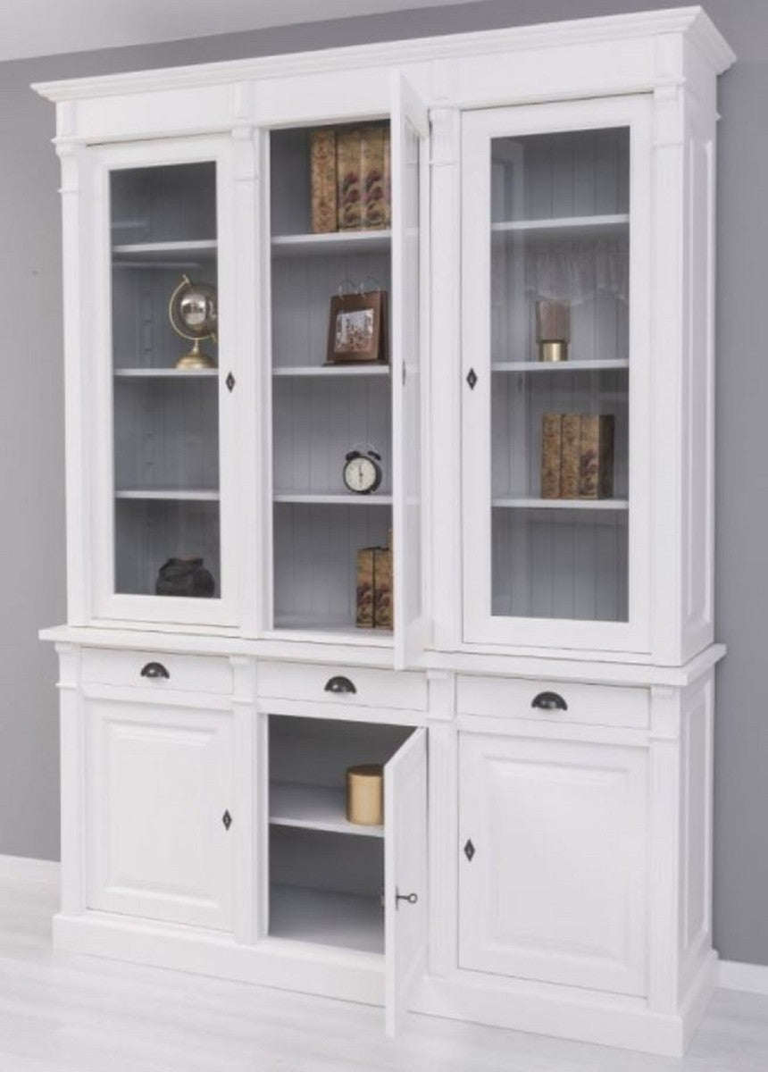 Landhausstil Bücherschrank Weiß / Grau 183 x 51 x H. 240 cm - Massivholz Schrank - Regalschrank - Wohnzimmerschrank - Büroschrank - Landhausstil Möbel
