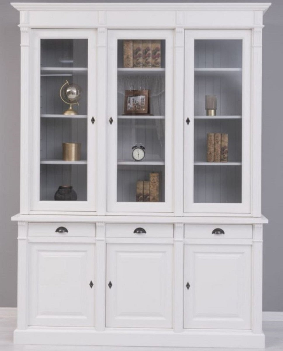 Landhausstil Bücherschrank Weiß / Grau 183 x 51 x H. 240 cm - Massivholz Schrank - Regalschrank - Wohnzimmerschrank - Büroschrank - Landhausstil Möbel