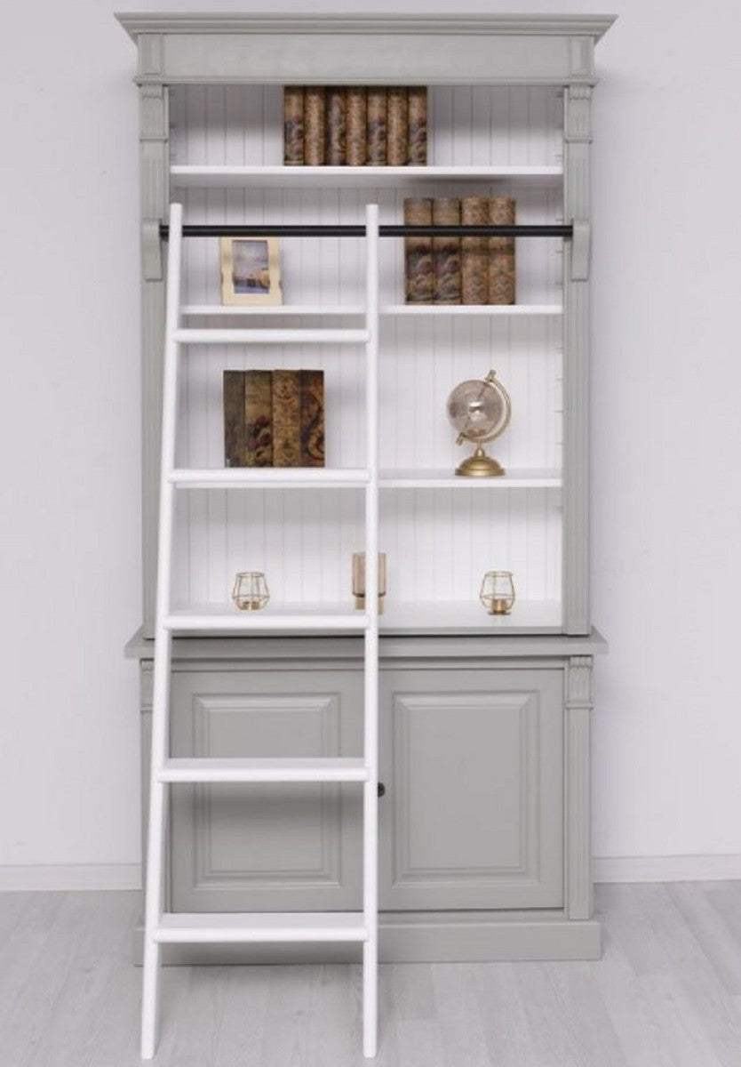 Landhausstil Bücherschrank mit Leiter Grau / Weiß 120 x 51 x H. 228 cm - Massivholz Schrank - Regalschrank - Wohnzimmerschrank - Büroschrank - Landhausstil Möbel