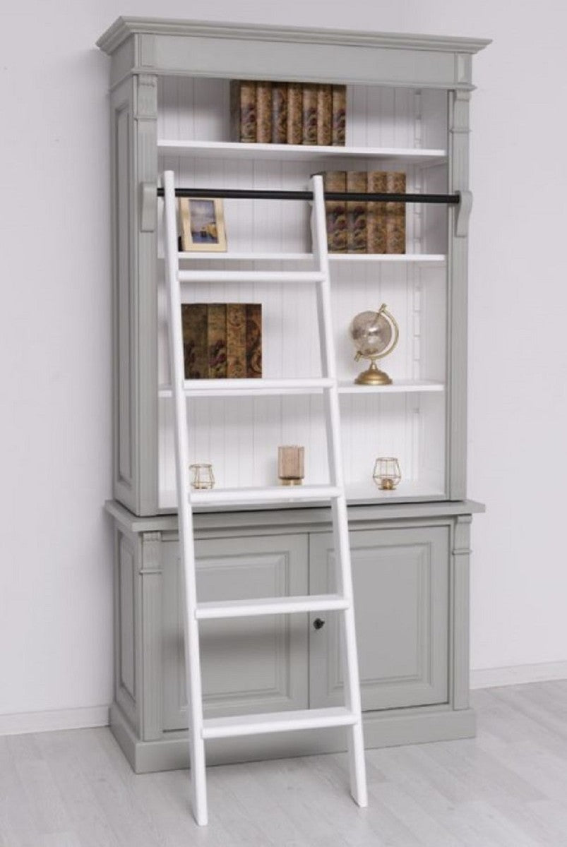 Landhausstil Bücherschrank mit Leiter Grau / Weiß 120 x 51 x H. 228 cm - Massivholz Schrank - Regalschrank - Wohnzimmerschrank - Büroschrank - Landhausstil Möbel