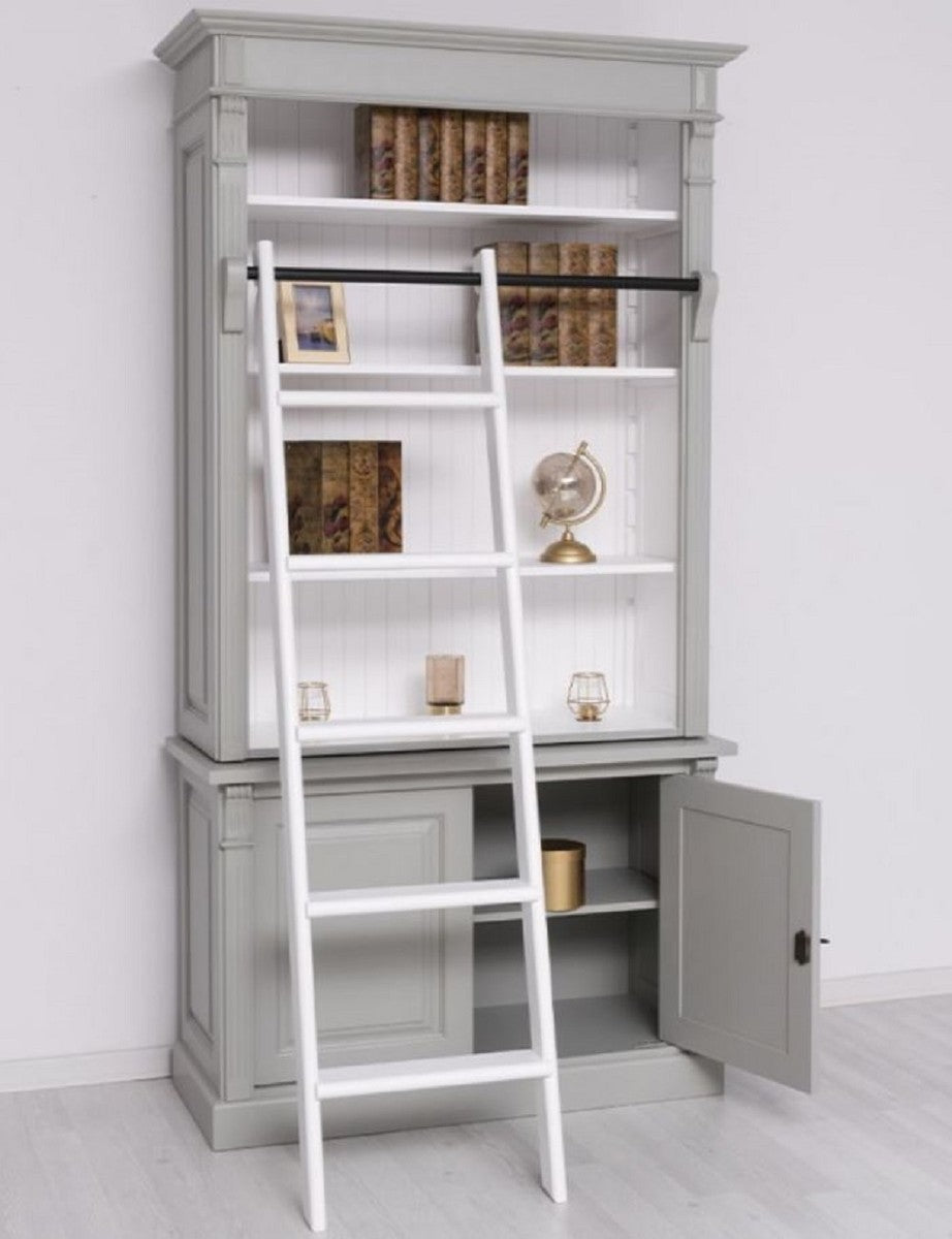 Landhausstil Bücherschrank mit Leiter Grau / Weiß 120 x 51 x H. 228 cm - Massivholz Schrank - Regalschrank - Wohnzimmerschrank - Büroschrank - Landhausstil Möbel