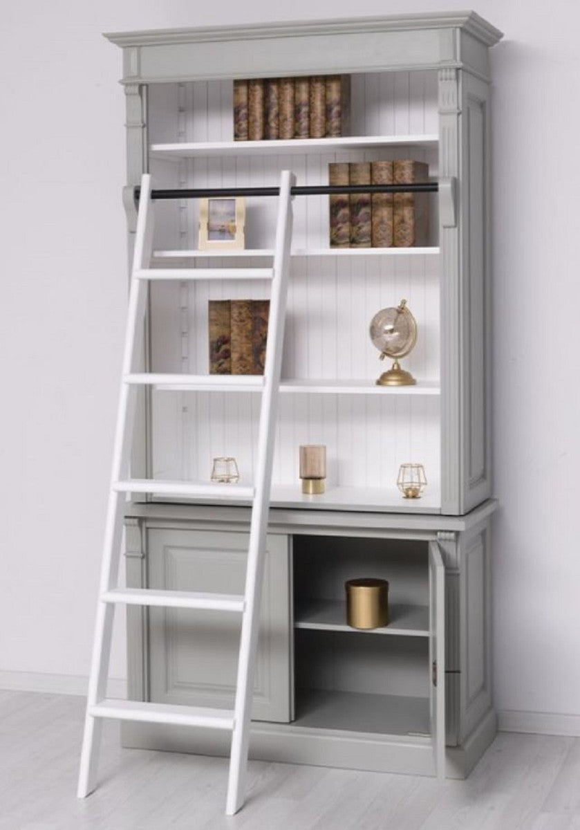 Landhausstil Bücherschrank mit Leiter Grau / Weiß 120 x 51 x H. 228 cm - Massivholz Schrank - Regalschrank - Wohnzimmerschrank - Büroschrank - Landhausstil Möbel