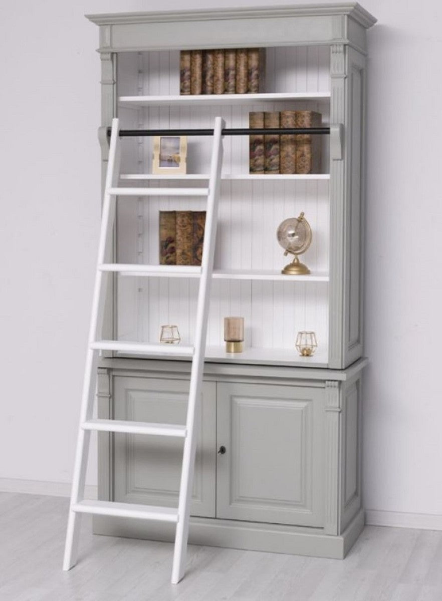 Landhausstil Bücherschrank mit Leiter Grau / Weiß 120 x 51 x H. 228 cm - Massivholz Schrank - Regalschrank - Wohnzimmerschrank - Büroschrank - Landhausstil Möbel