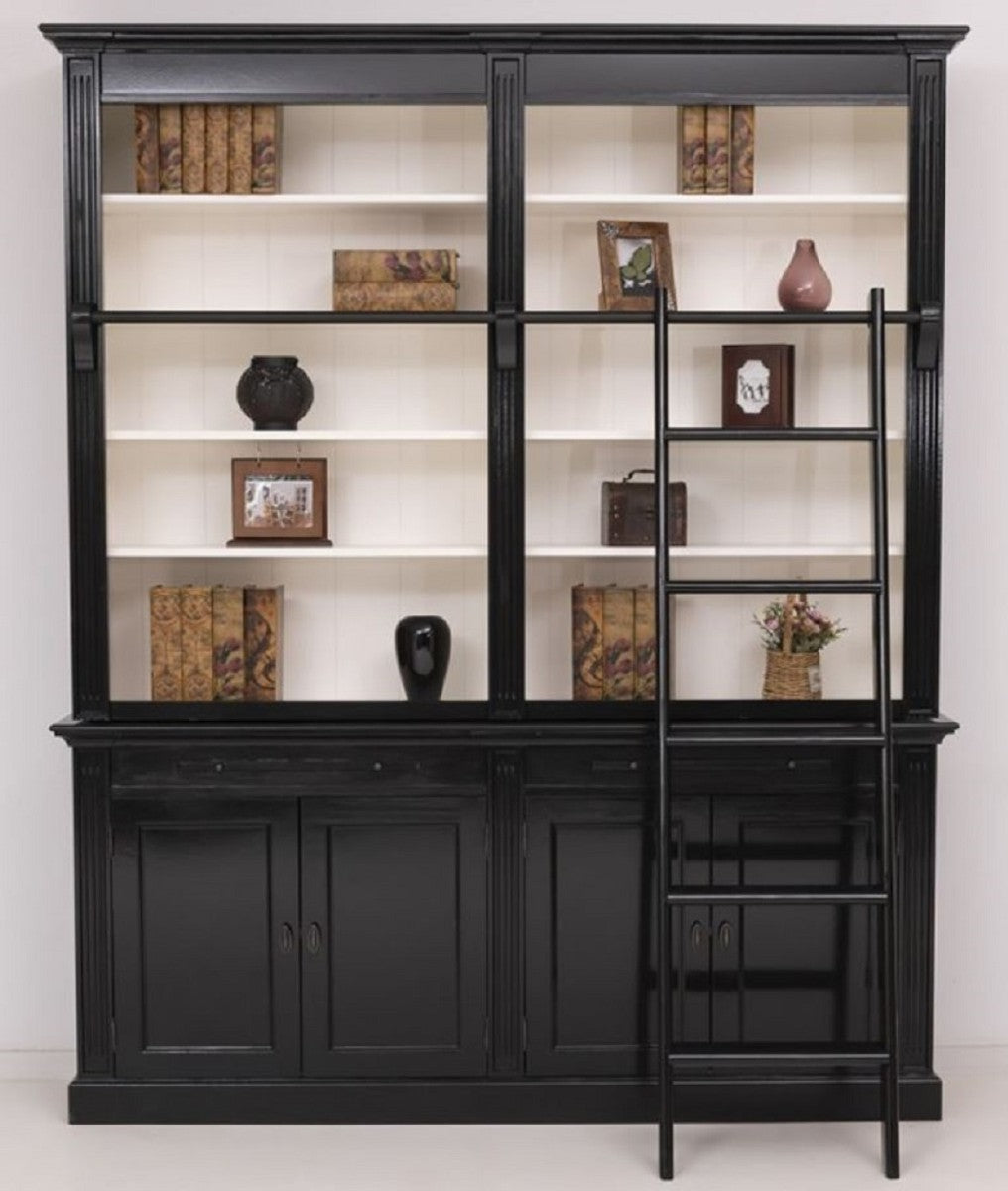 Landhausstil Bücherschrank mit Leiter Schwarz / Weiß 200 x 40 x H. 240 cm - Massivholz Schrank - Wohnzimmerschrank - Regalschrank - Büroschrank - Landhausstil Möbel