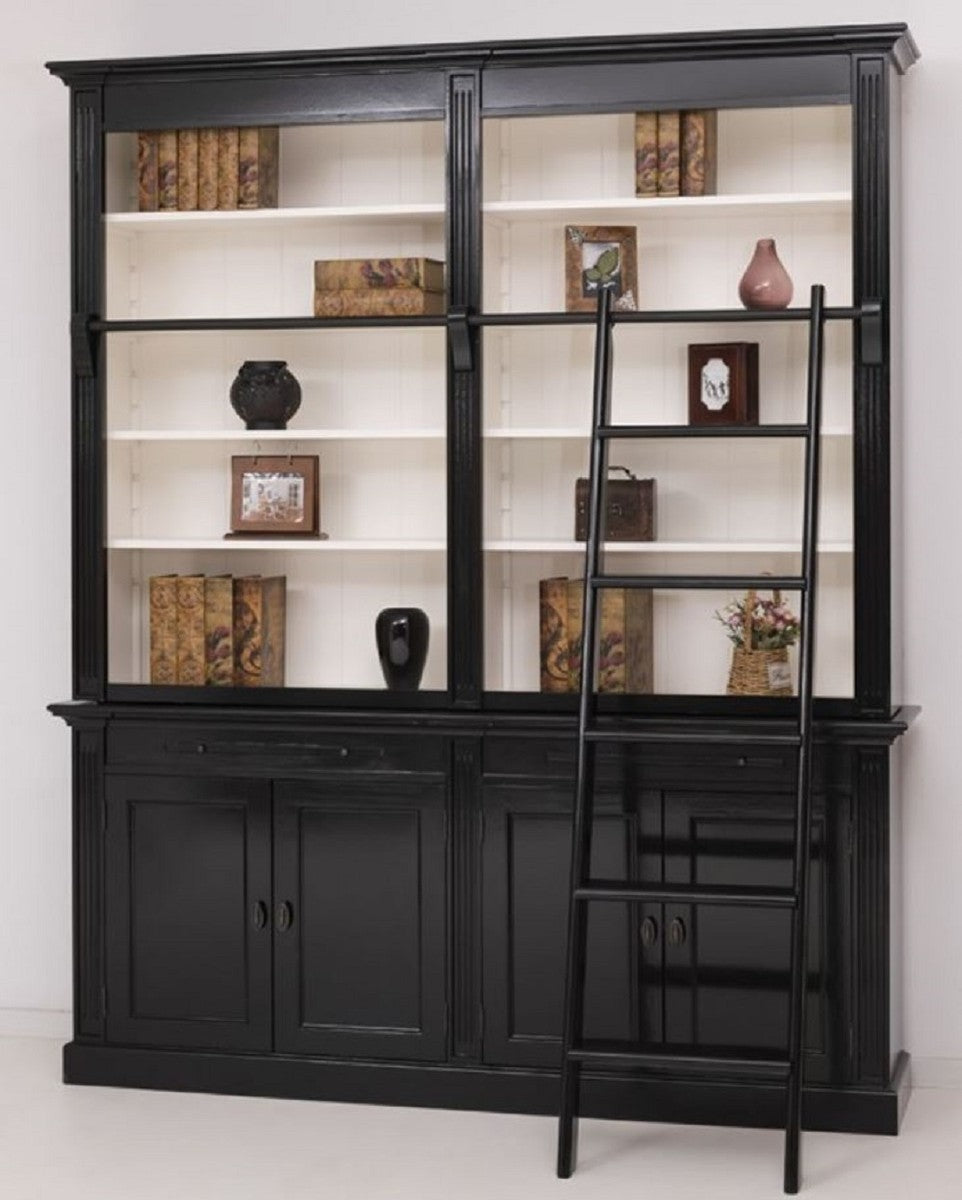 Landhausstil Bücherschrank mit Leiter Schwarz / Weiß 200 x 40 x H. 240 cm - Massivholz Schrank - Wohnzimmerschrank - Regalschrank - Büroschrank - Landhausstil Möbel