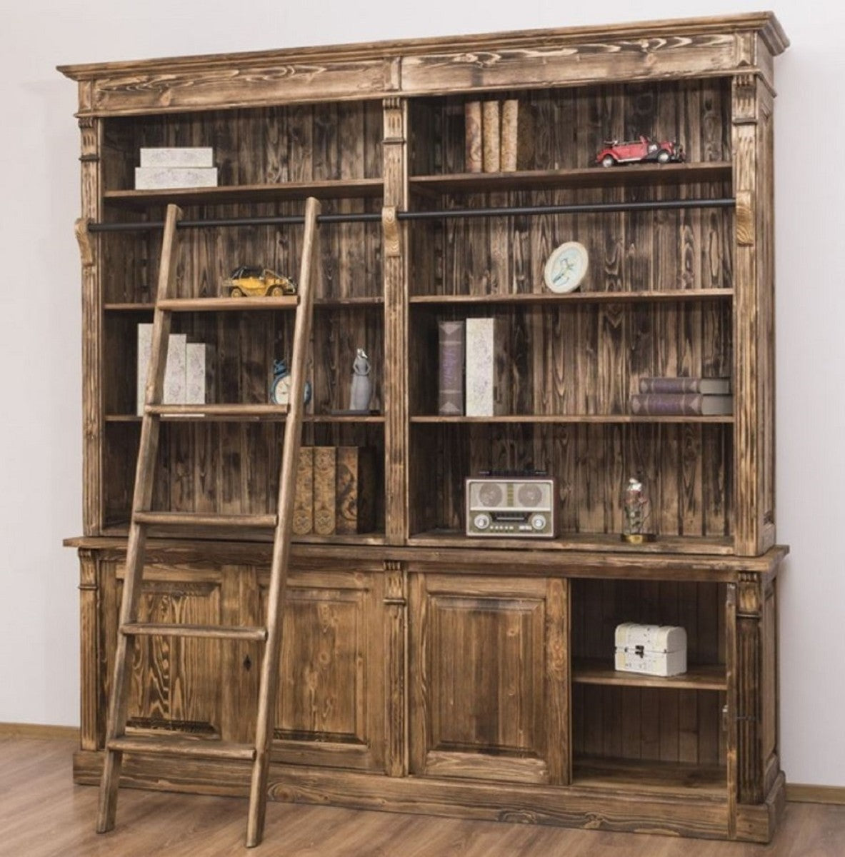 Landhausstil Bücherschrank mit Leiter Braun 223 x 51 x H. 228 cm - Massivholz Schrank - Wohnzimmerschrank - Regalschrank - Büroschrank - Landhausstil Möbel