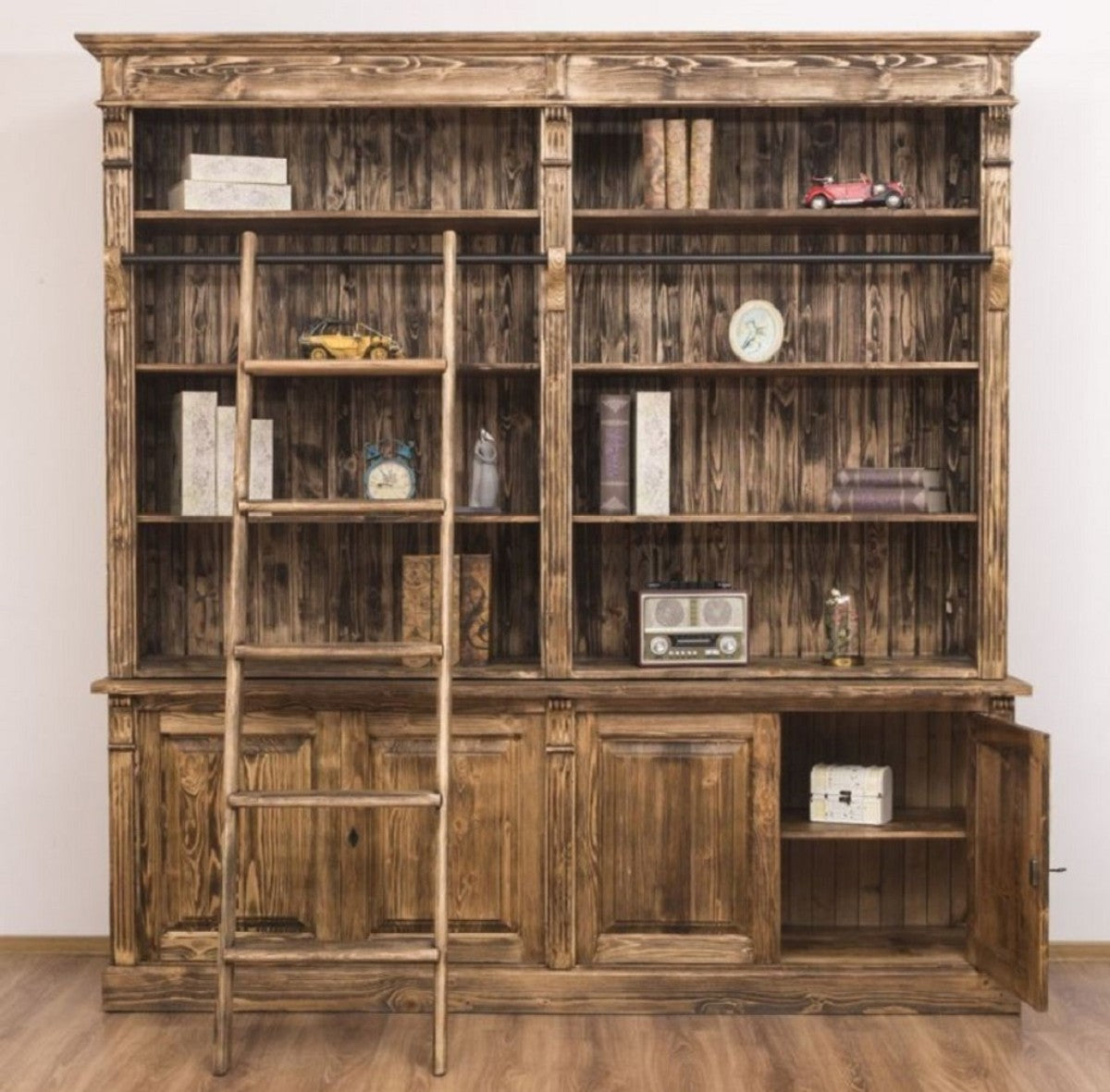 Landhausstil Bücherschrank mit Leiter Braun 223 x 51 x H. 228 cm - Massivholz Schrank - Wohnzimmerschrank - Regalschrank - Büroschrank - Landhausstil Möbel