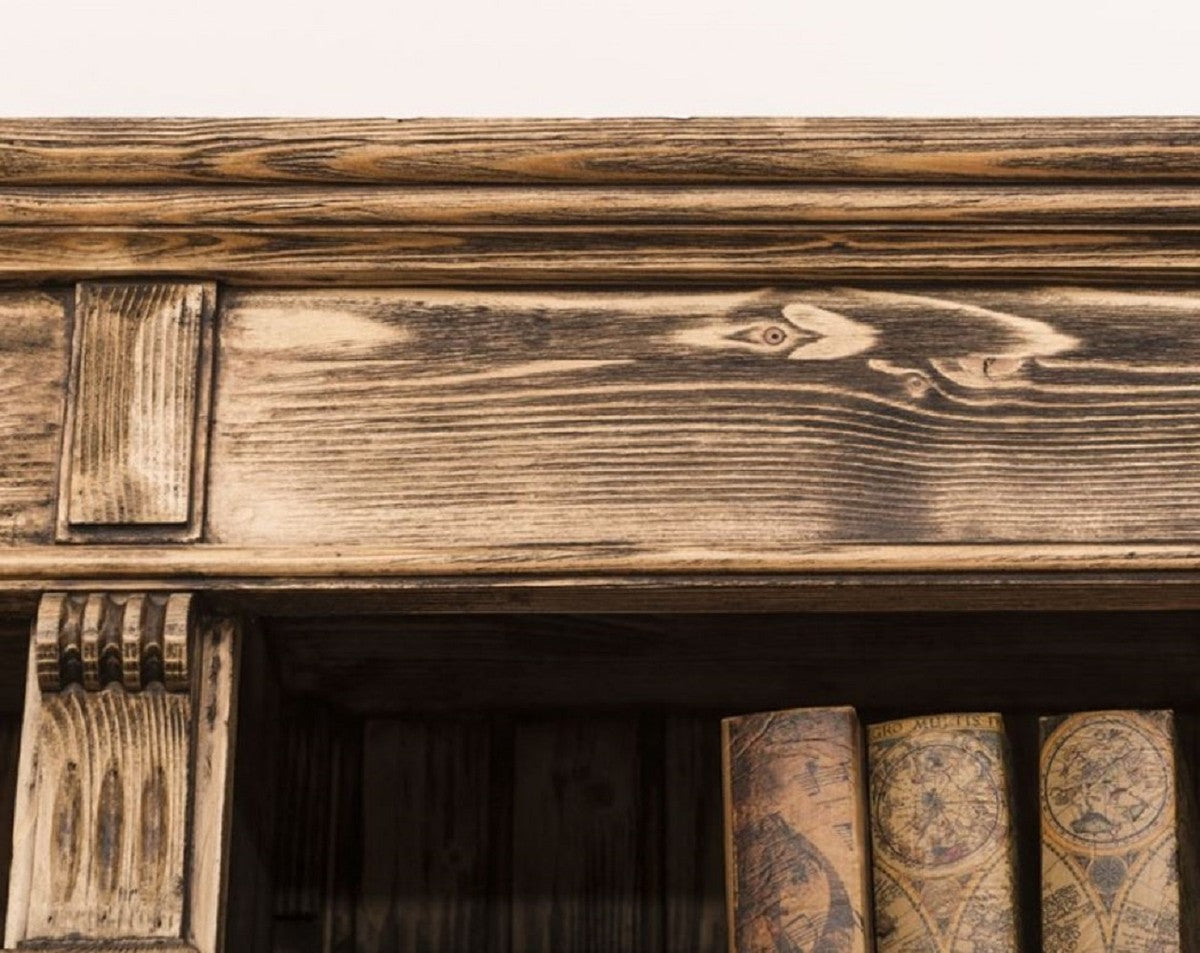 Landhausstil Bücherschrank mit Leiter Braun 223 x 51 x H. 228 cm - Massivholz Schrank - Wohnzimmerschrank - Regalschrank - Büroschrank - Landhausstil Möbel