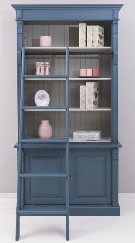Landhausstil Bücherschrank mit Leiter Blau / Grau 120 x 51 x H. 228 cm - Massivholz Schrank - Regalschrank - Wohnzimmerschrank - Büroschrank - Landhausstil Möbel
