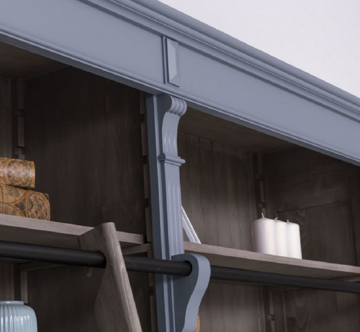 Landhausstil Bücherschrank mit Leiter Hellblau / Grau 223 x 51 x H. 228 cm - Massivholz Schrank - Wohnzimmerschrank - Regalschrank - Büroschrank - Landhausstil Möbel
