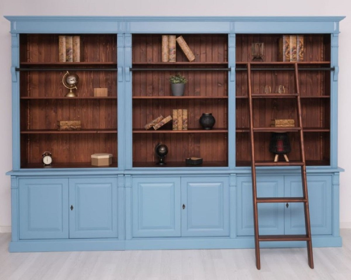 Landhausstil Bücherschrank mit Leiter Hellblau / Dunkelbraun 223 x 51 x H. 228 cm - Massivholz Schrank - Wohnzimmerschrank - Regalschrank - Büroschrank - Landhausstil Möbel