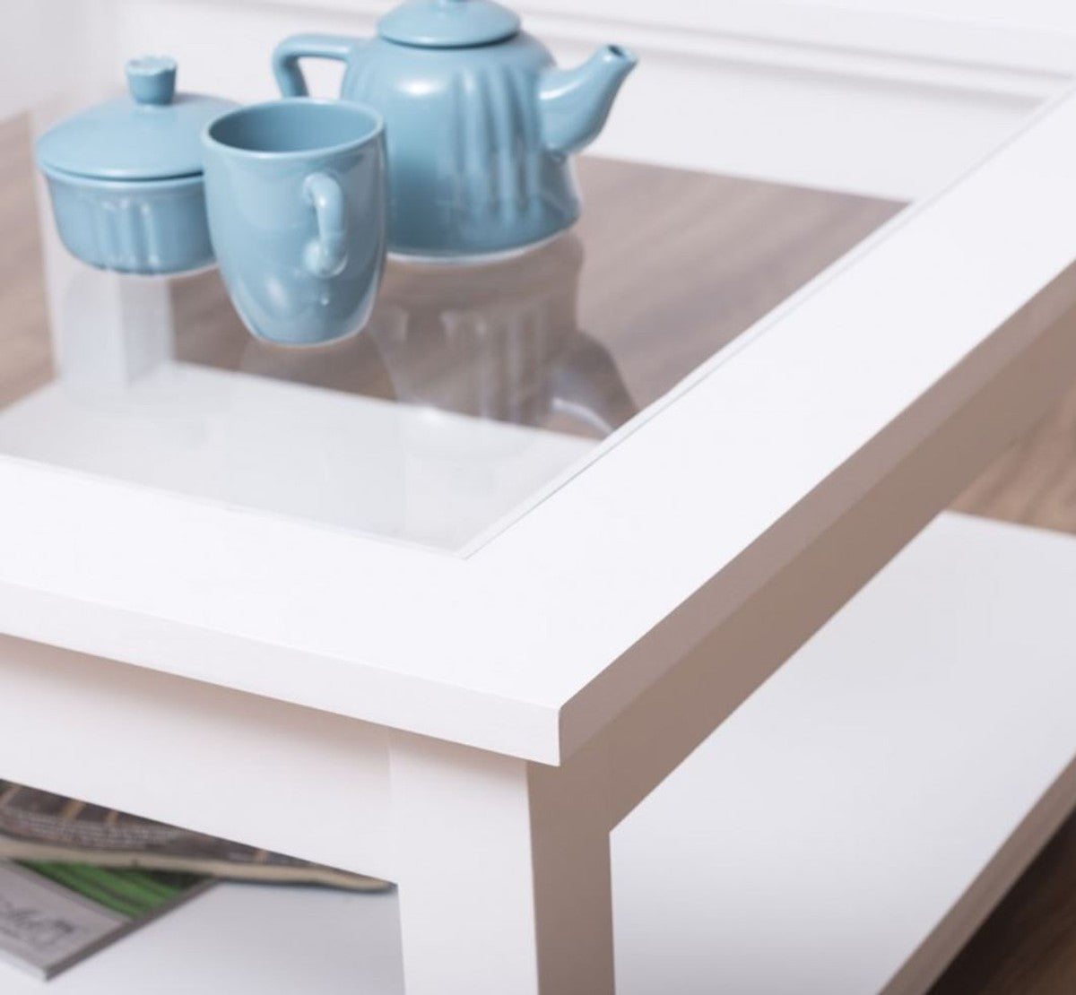 Landhausstil Couchtisch mit Glasplatte Weiß 90 x 90 x H. 45 cm - Massivholz Wohnzimmertisch - Wohnzimmermöbel im Landhausstil