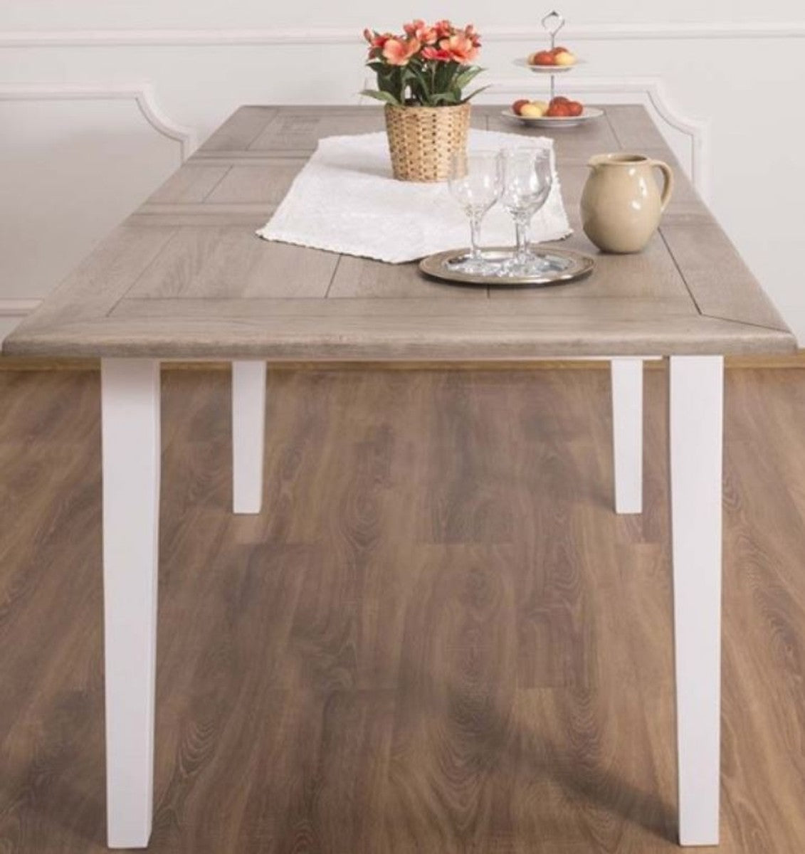 Landhausstil Esstisch Braun / Weiß 160-200 x 90 x H. 78 cm - Massivholz Küchentisch mit ausziehbarer Eichenholz Tischplatte