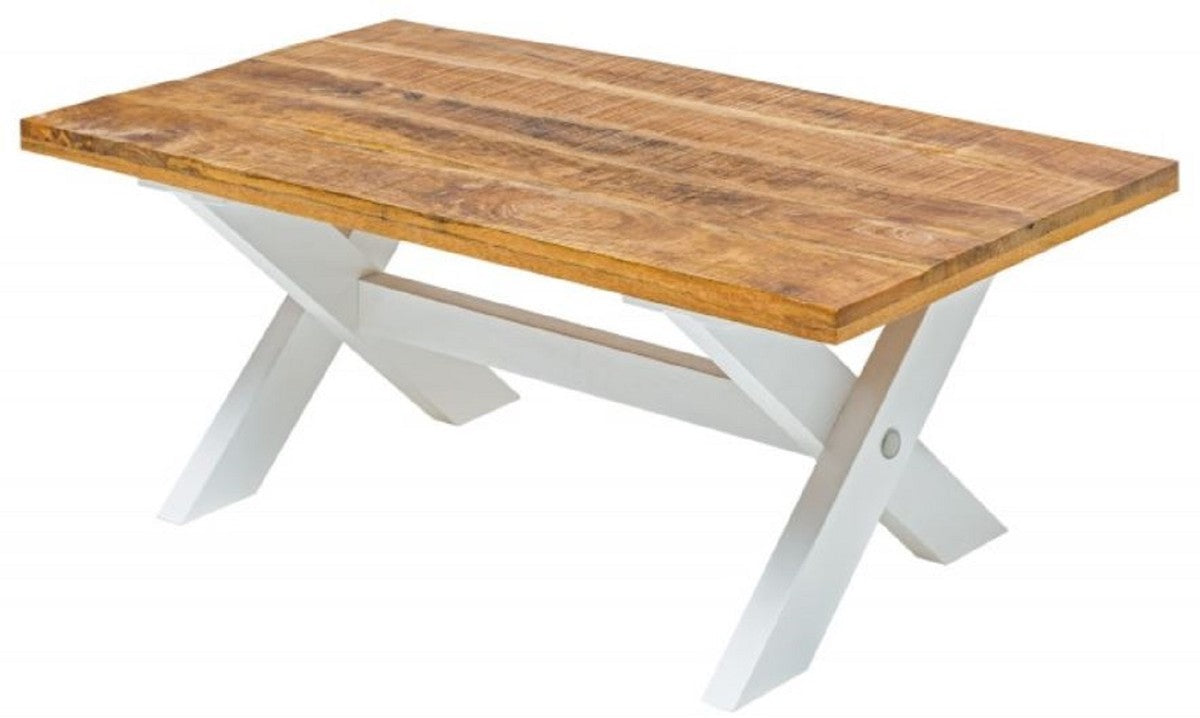 Landhausstil Couchtisch Naturfarben / Weiß 110 x 60 x H. 45 cm - Handgefertigter Massivholz Wohnzimmertisch - Wohnzimmer Möbel im Landhausstil