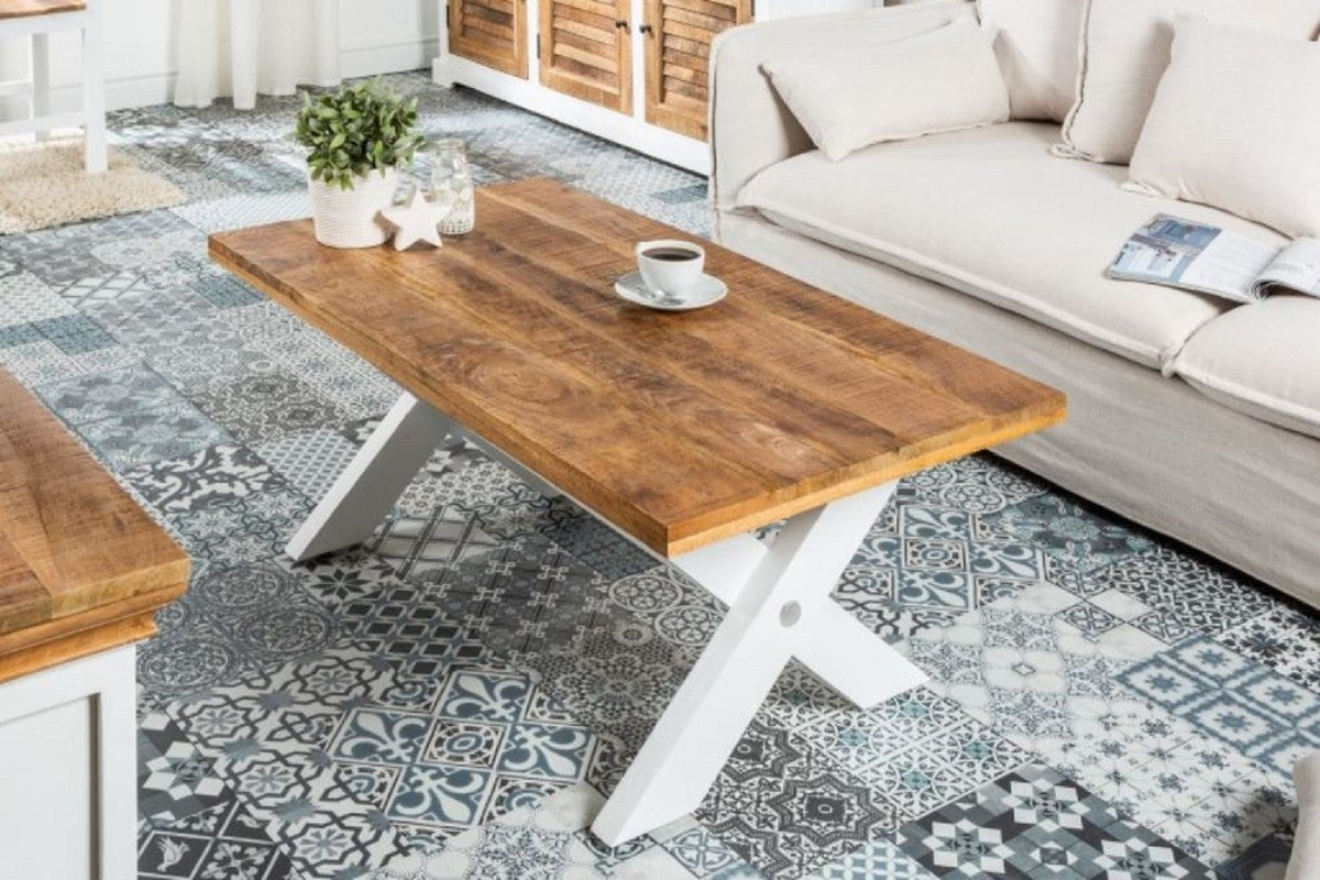 Landhausstil Couchtisch Naturfarben / Weiß 110 x 60 x H. 45 cm - Handgefertigter Massivholz Wohnzimmertisch - Wohnzimmer Möbel im Landhausstil
