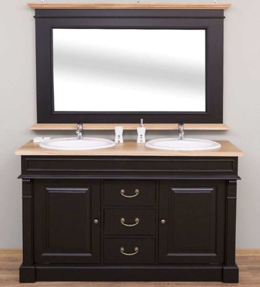 Landhausstil Badezimmer Set Schwarz / Naturfarben - 1 Doppelwaschtisch & 1 Wandspiegel - Massivholz Badezimmermöbel im Landhausstil