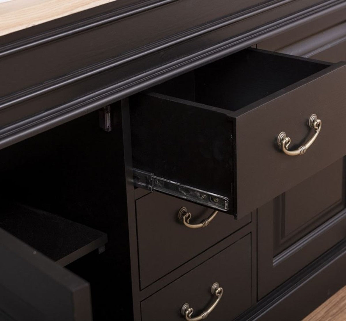 Landhausstil Badezimmer Set Schwarz / Naturfarben - 1 Doppelwaschtisch & 1 Wandspiegel - Massivholz Badezimmermöbel im Landhausstil