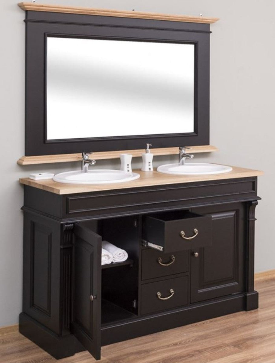 Landhausstil Badezimmer Set Schwarz / Naturfarben - 1 Doppelwaschtisch & 1 Wandspiegel - Massivholz Badezimmermöbel im Landhausstil