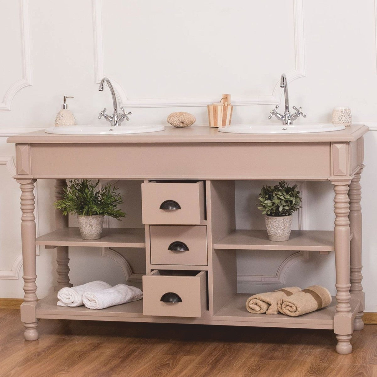 Landhausstil Doppel Waschtisch mit 2 Waschbecken Hellbraun 150 cm