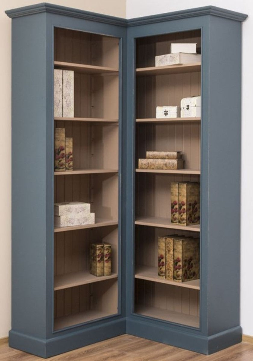 Landhausstil Eckschrank Blau / Beige 102 x 102 x H. 210 cm - Massivholz Bücherschrank - Landhausstil Wohnzimmer Möbel
