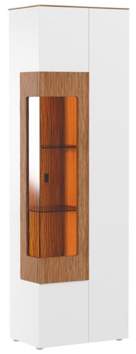 Eckvitrine Weiß / Braun 65,4 x 40 x H. 202 cm - Moderner Beleuteter Massivholz Vitrinenschrank - Wohnzimmer Schrank - Wohnzimmer Möbel