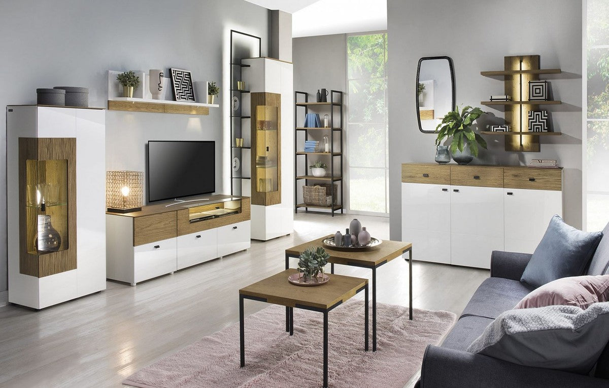 Eckvitrine Weiß / Braun 65,4 x 40 x H. 202 cm - Moderner Beleuteter Massivholz Vitrinenschrank - Wohnzimmer Schrank - Wohnzimmer Möbel