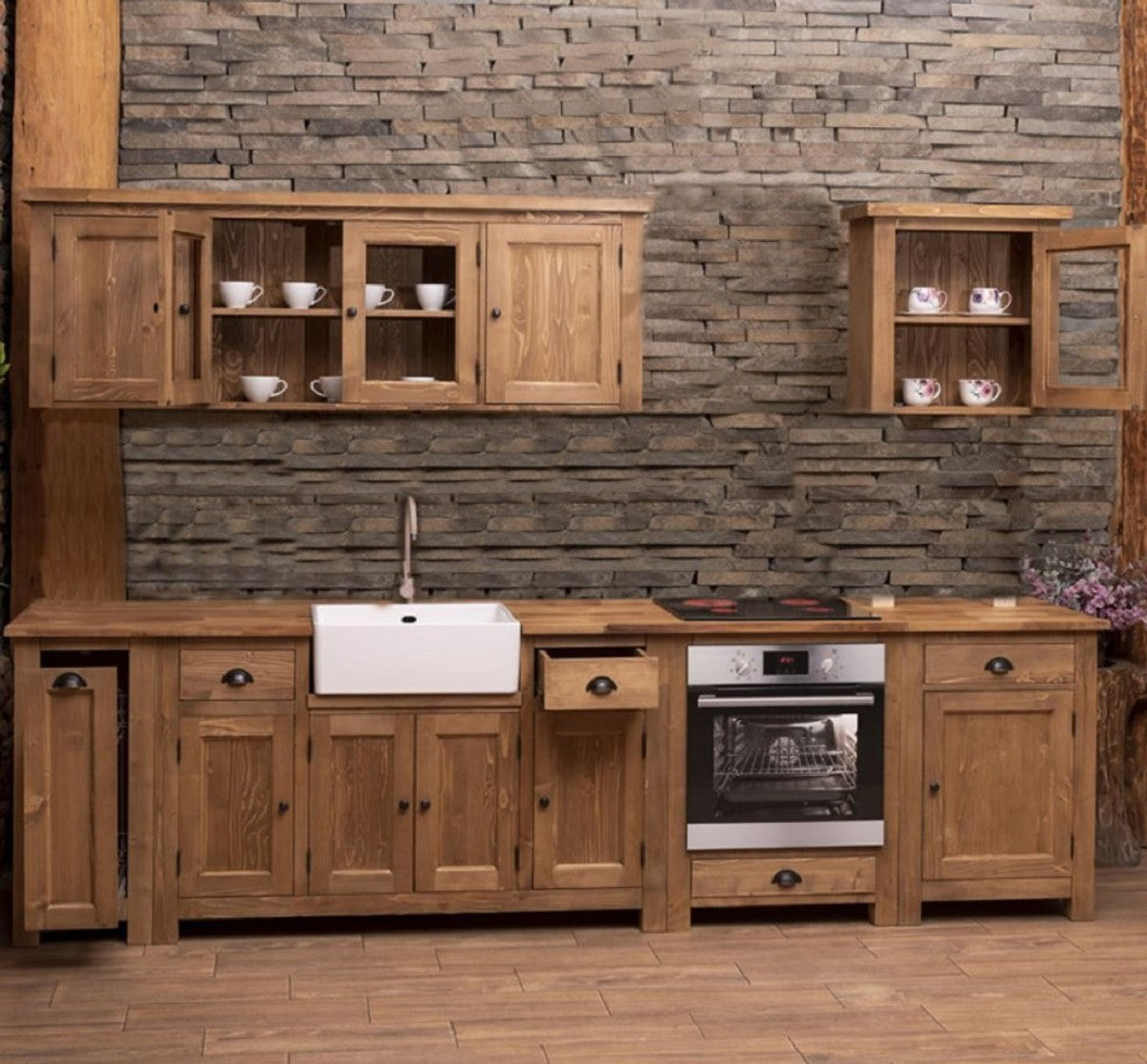 Landhausstil Einbauküche Braun 343 x 65 x H. 90 cm - Massivholz Küchenzeile - Esszimmer Möbel im Landhausstil - Landhausstil Massivholz Einbauküchen