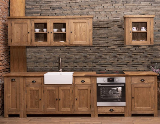 Landhausstil Einbauküche Braun 343 x 65 x H. 90 cm - Massivholz Küchenzeile - Esszimmer Möbel im Landhausstil - Landhausstil Massivholz Einbauküchen