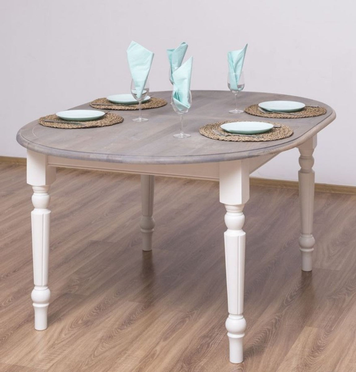 Landhausstil Esstisch Grau / Weiß 160 x 120 x H. 78 cm - Ovaler massivholz Küchentisch mit Eichenholz Tischplatte - Esszimmer Möbel im Landhausstil