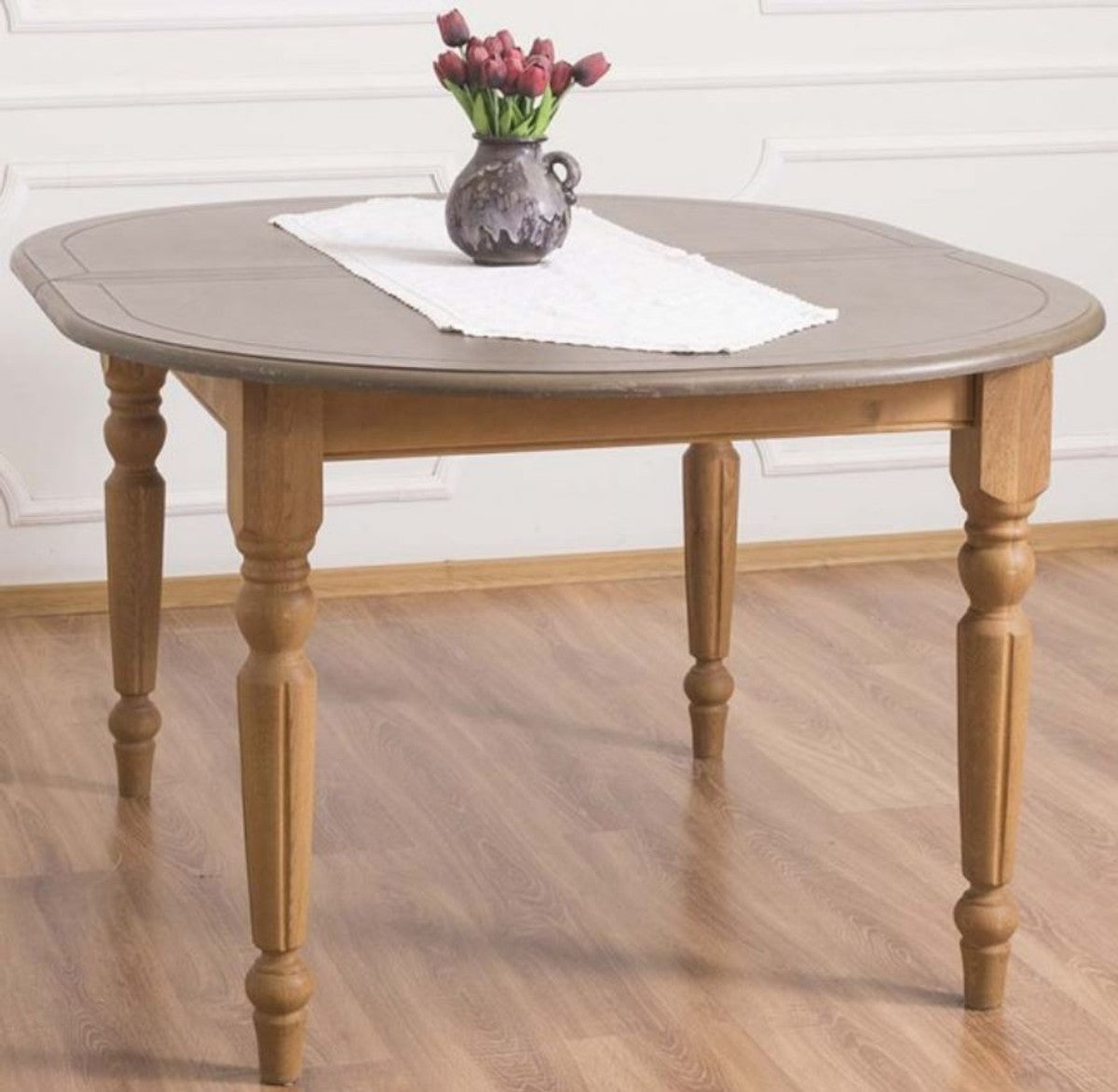 Landhausstil Esstisch Grau / Hellbraun 160 x 120 x H. 78 cm - Ovaler massivholz Küchentisch mit Eichenholz Tischplatte