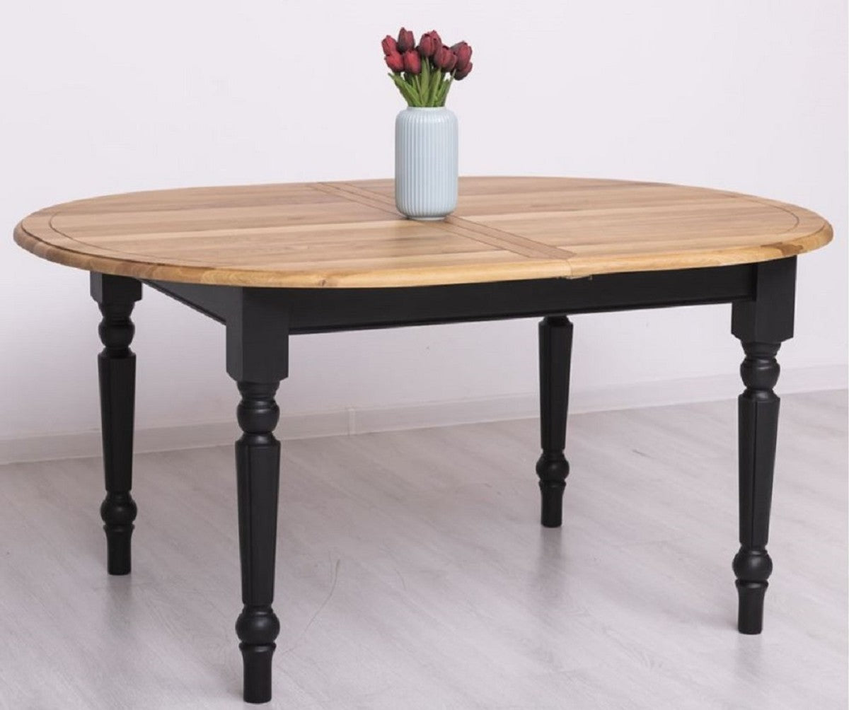 Landhausstil Esstisch Naturfarben / Schwarz 160-200 x 120 x H. 78 cm - Ovaler ausziehbarer massivholz Küchentisch mit Eichenholz Tischplatte - Esszimmer Möbel im Landhausstil