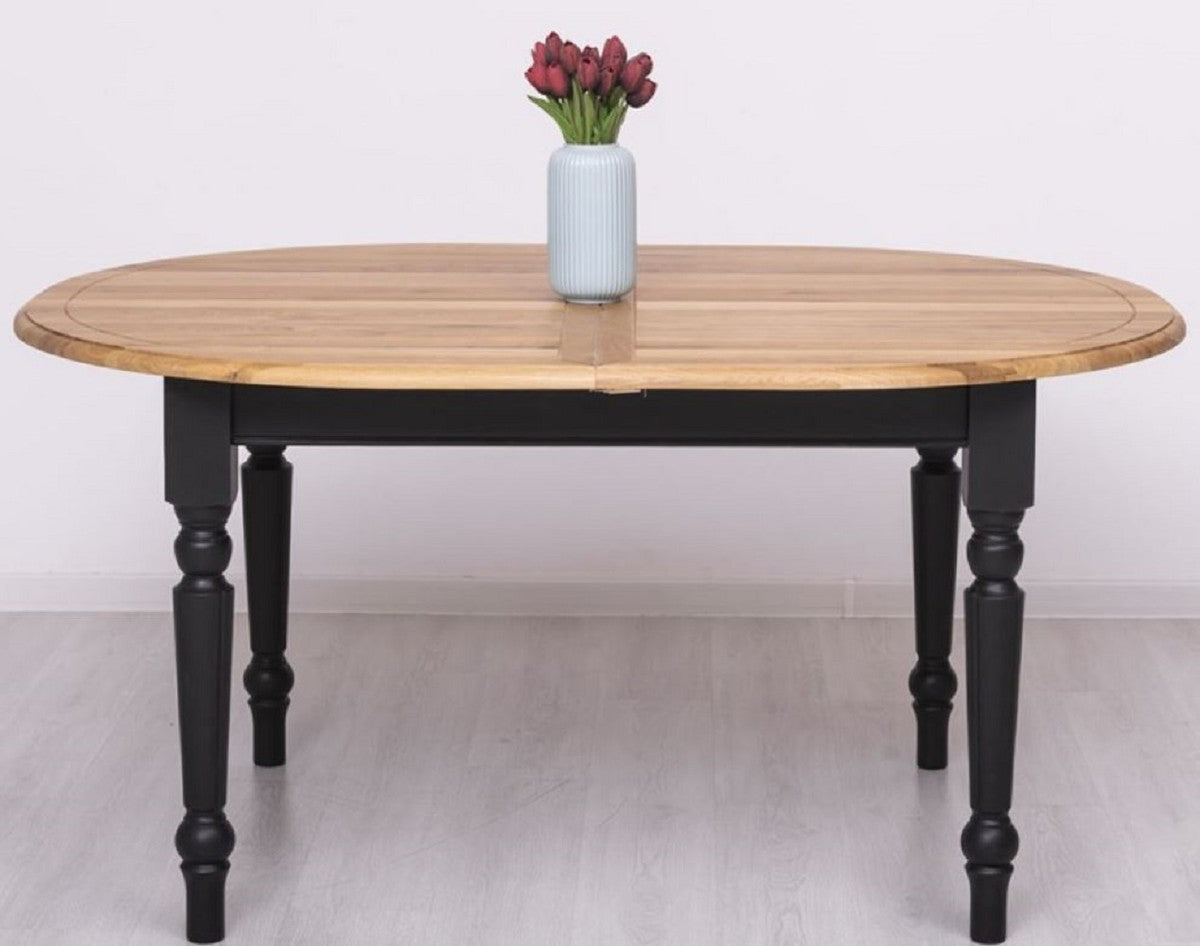 Landhausstil Esstisch Naturfarben / Schwarz 160-200 x 120 x H. 78 cm - Ovaler ausziehbarer massivholz Küchentisch mit Eichenholz Tischplatte - Esszimmer Möbel im Landhausstil