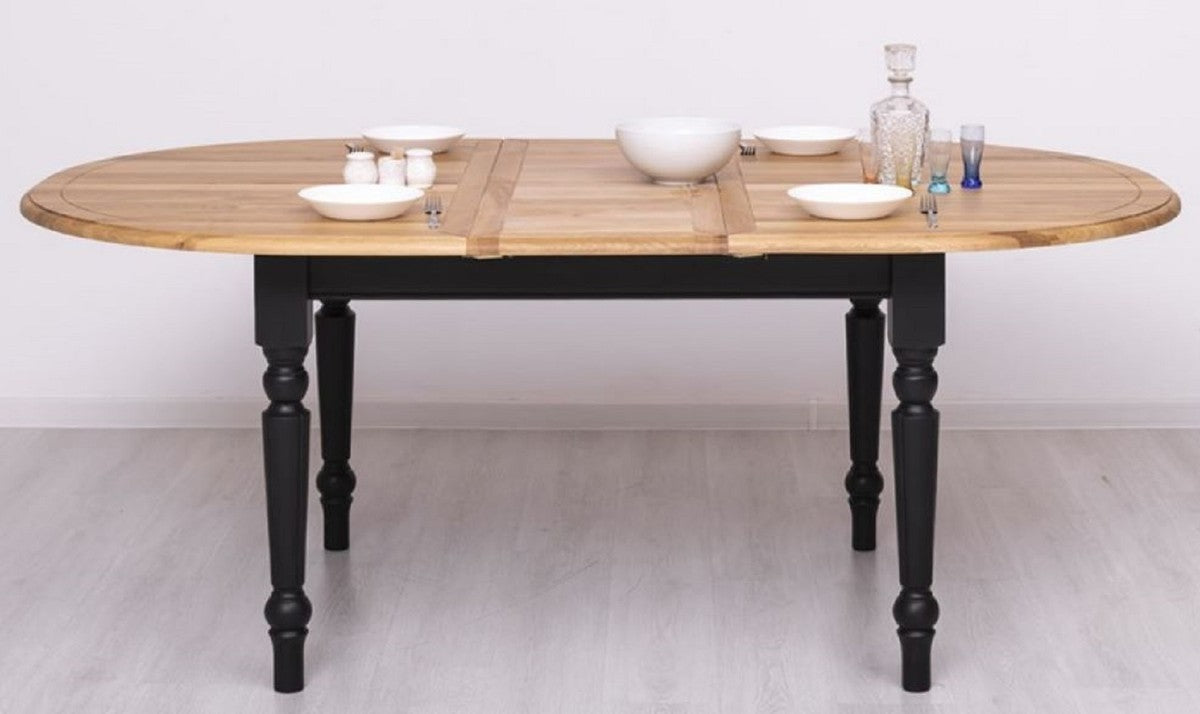 Landhausstil Esstisch Naturfarben / Schwarz 160-200 x 120 x H. 78 cm - Ovaler ausziehbarer massivholz Küchentisch mit Eichenholz Tischplatte - Esszimmer Möbel im Landhausstil