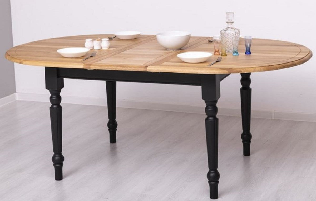 Landhausstil Esstisch Naturfarben / Schwarz 160-200 x 120 x H. 78 cm - Ovaler ausziehbarer massivholz Küchentisch mit Eichenholz Tischplatte - Esszimmer Möbel im Landhausstil