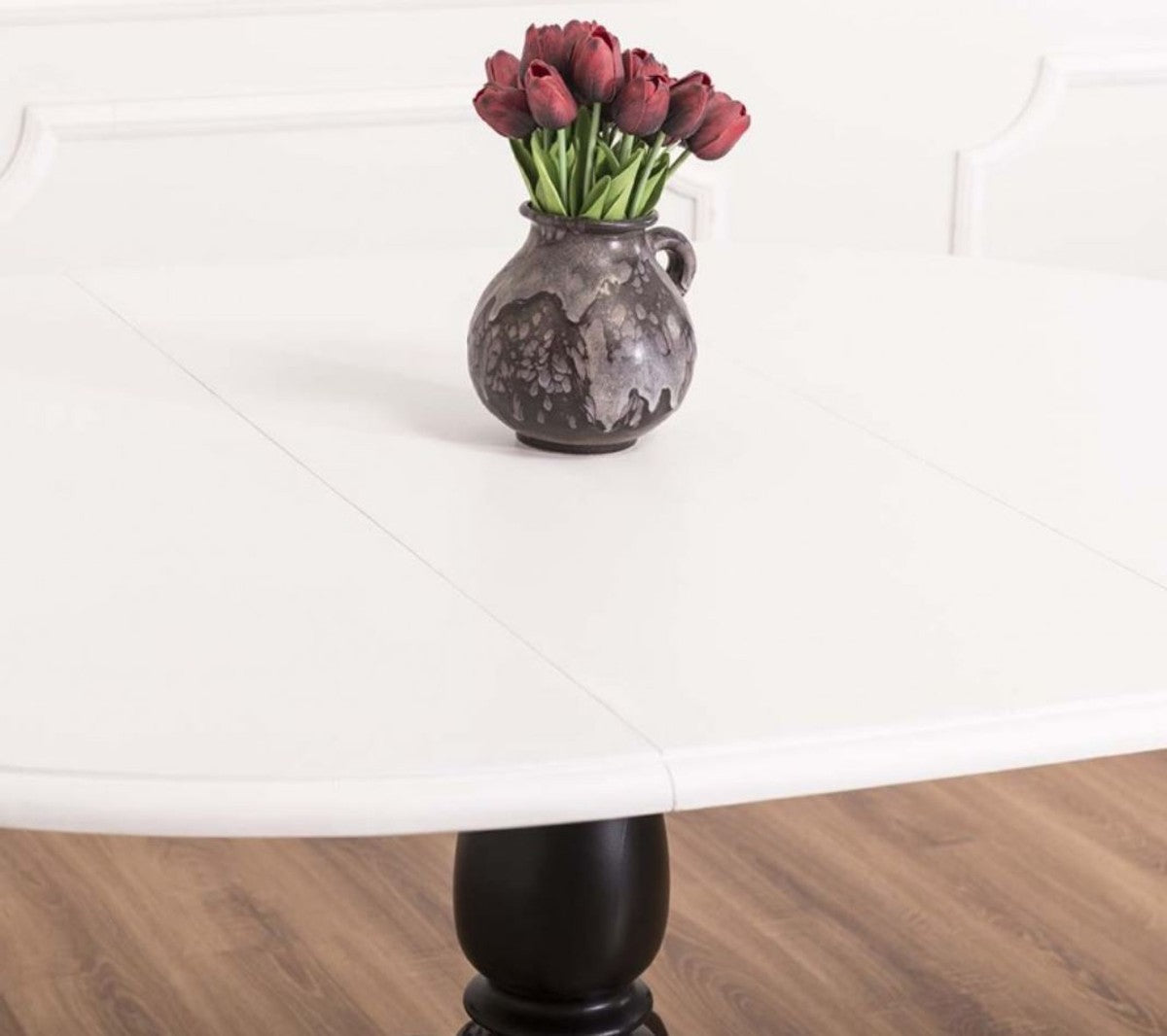 Landhausstil Esstisch Weiß / Schwarz Ø 120 x H. 78 cm - Runder ausziehbarer Massivholz Küchentisch - Landhausstil Esszimmermöbel