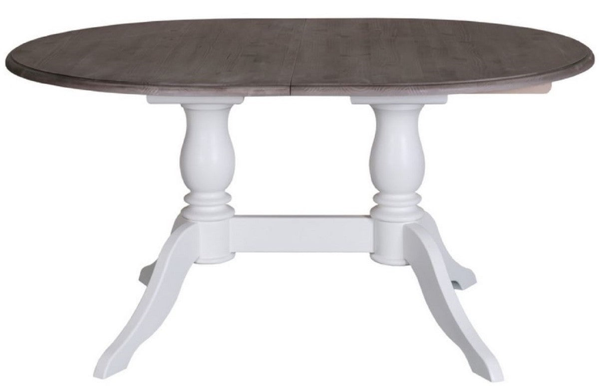 Landhausstil Esstisch Weiß / Braun 160-230 x 120 x H. 78 cm - Ovaler ausziehbarer Massivholz Küchentisch im Landhausstil