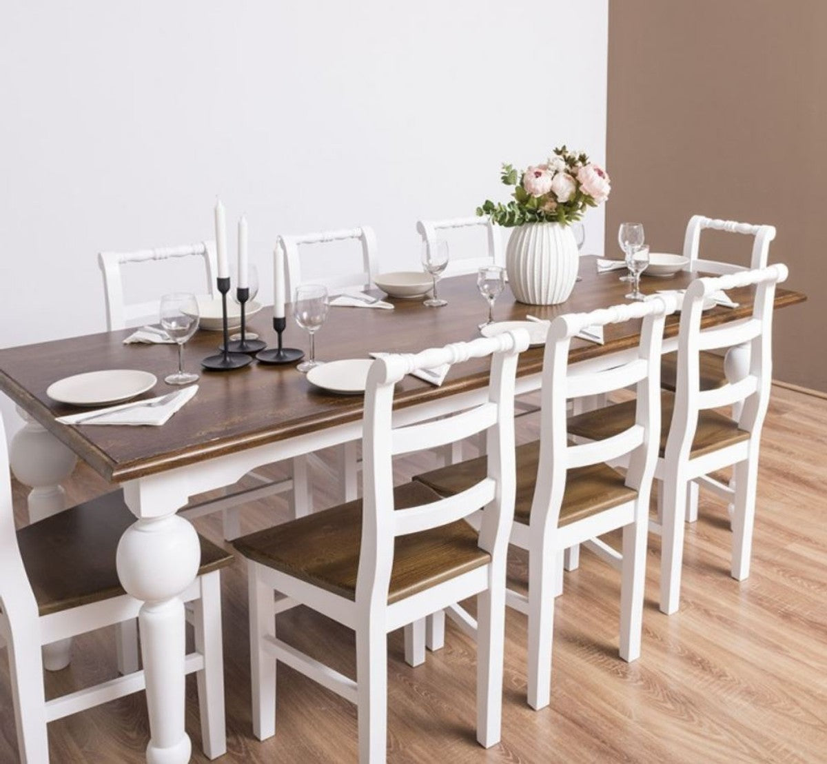 Landhausstil Esszimmer Möbel Set Braun / Weiß - 1 Esstisch & 8 Esszimmerstühle - Massivholz Esszimmer Möbel - Landhausstil Möbel