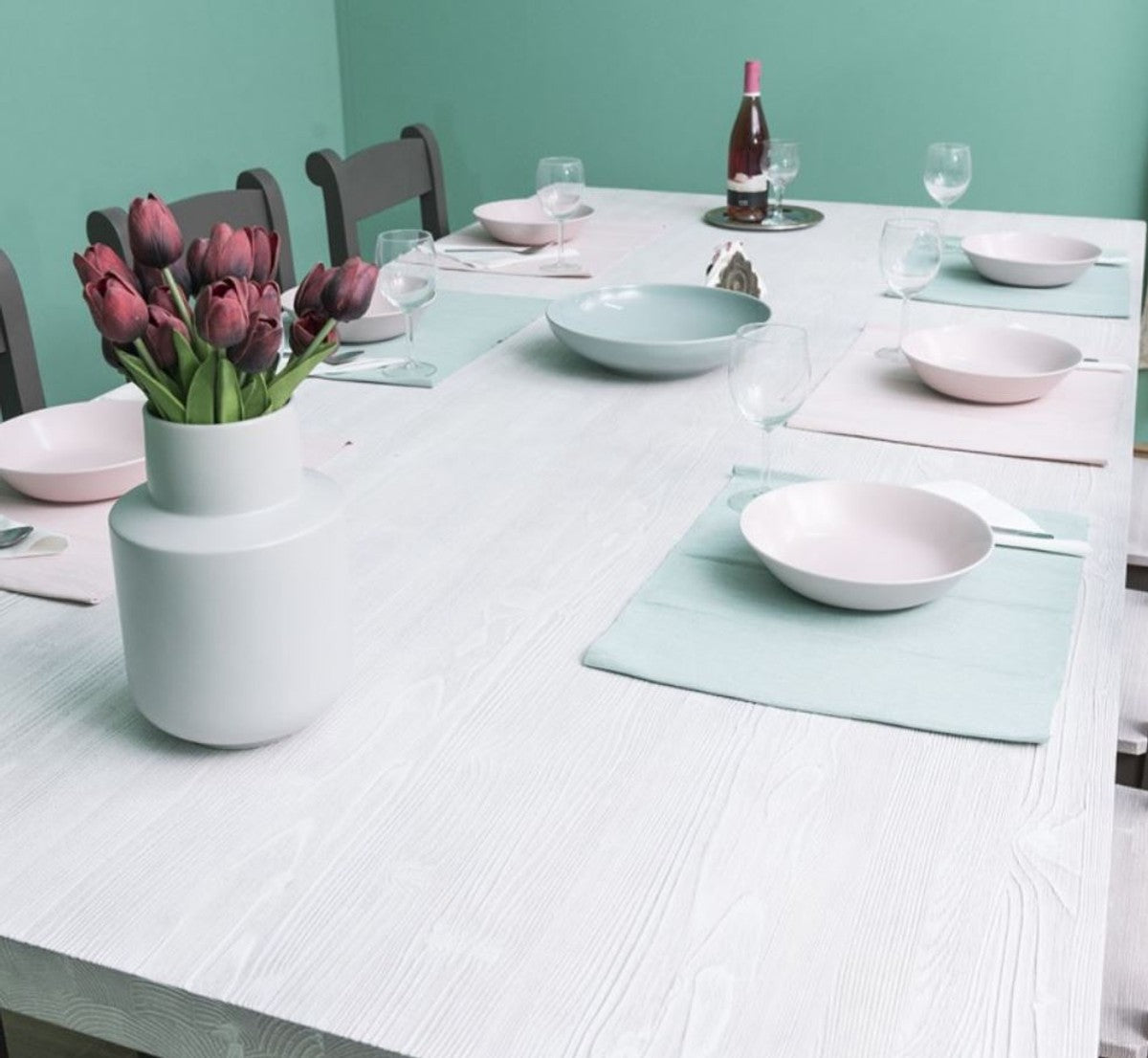 Landhausstil Esszimmer Möbel Set Hellgrau / Grau - 1 Esstisch & 6 Esszimmerstühle - Massivholz Esszimmer Möbel - Landhausstil Möbel