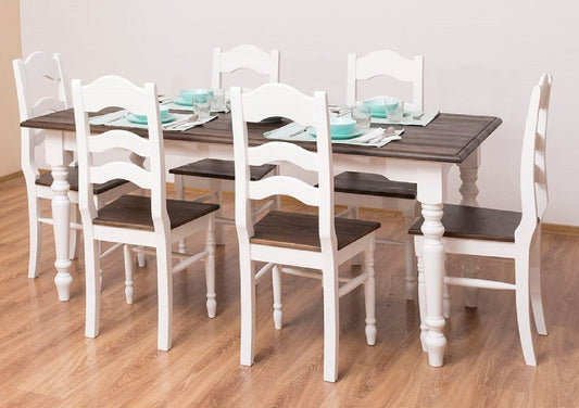 Landhausstil Esszimmer Möbel Set Weiß / Dunkelbraun - 1 Landhausstil Esstisch & 6 Landhausstil Esszimmerstühle - Massivholz Esszimmer Möbel - Landhausstil Esszimmer Möbel