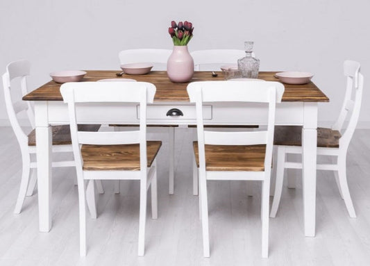 Landhausstil Esszimmer Möbel Set Weiß / Braun - 1 Landhausstil Esstisch & 6 Landhausstil Esszimmerstühle - Massivholz Esszimmer Möbel - Landhausstil Esszimmer Möbel