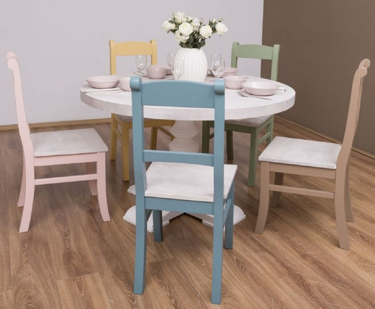 Landhausstil Esszimmer Möbel Set Hellgrau / Bunt - 1 Esstisch & 5 Esszimmerstühle - Massivholz Esszimmer Möbel - Landhausstil Möbel