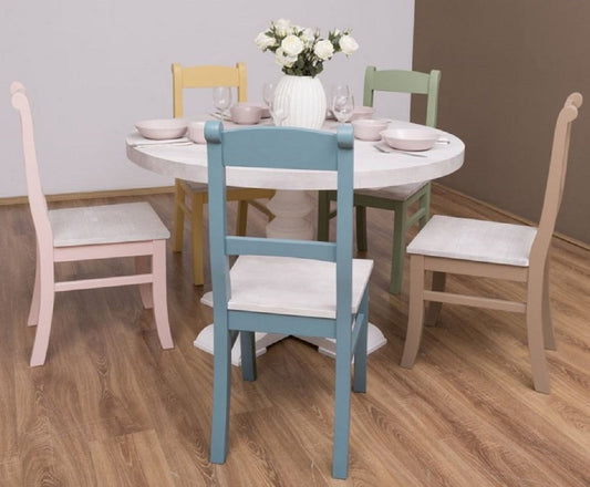 Landhausstil Esszimmer Möbel Set Hellgrau / Bunt - 1 Esstisch & 5 Esszimmerstühle - Massivholz Esszimmer Möbel - Landhausstil Möbel